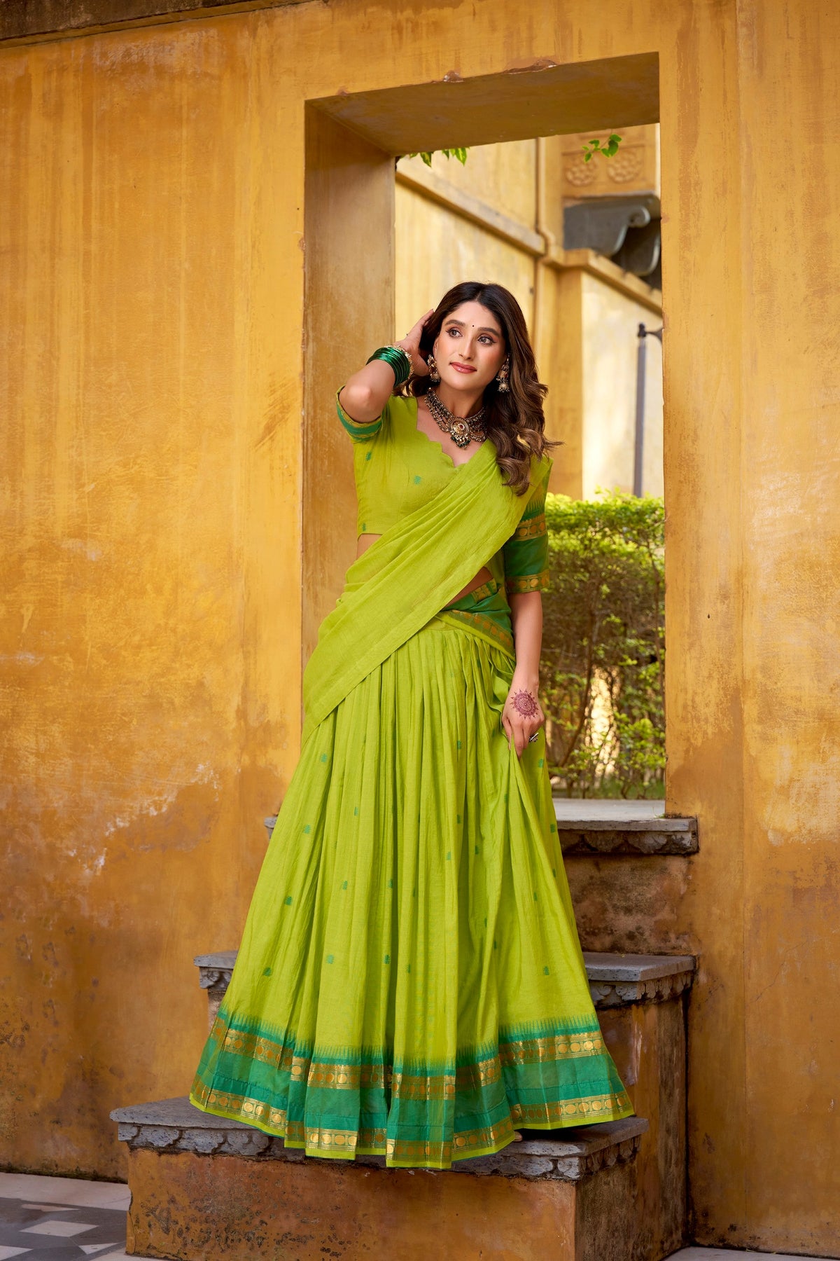 Parrot Green Pure Chanderi Zari Weaving Lehenga Choli with Dupatta