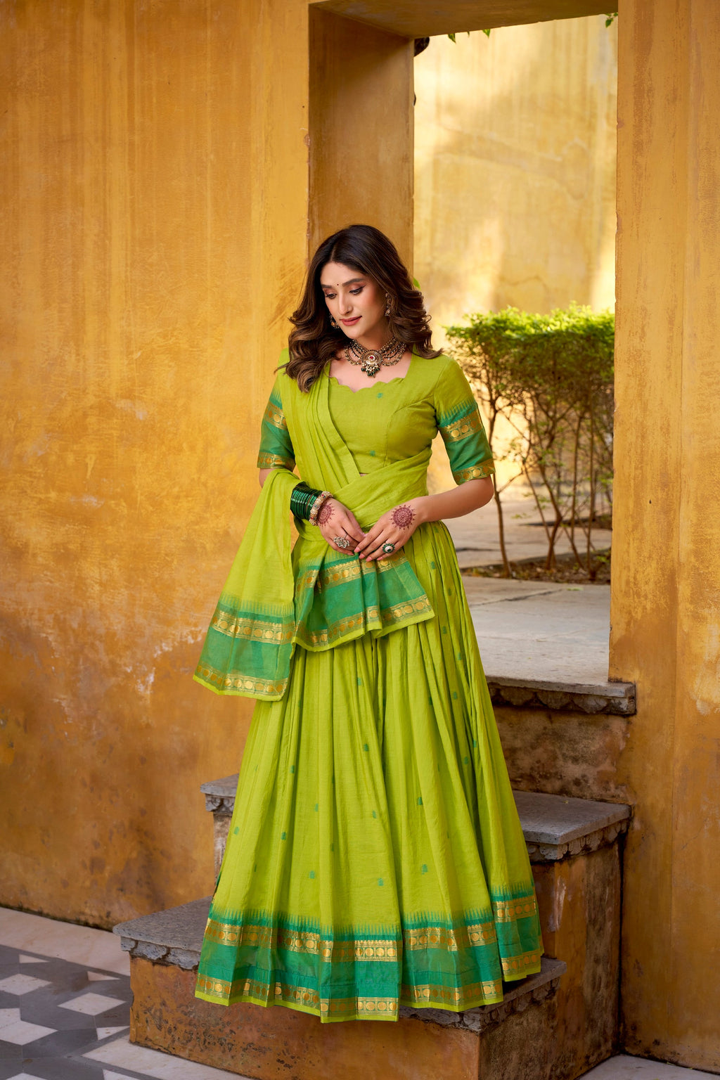 Parrot Green Pure Chanderi Zari Weaving Lehenga Choli with Dupatta