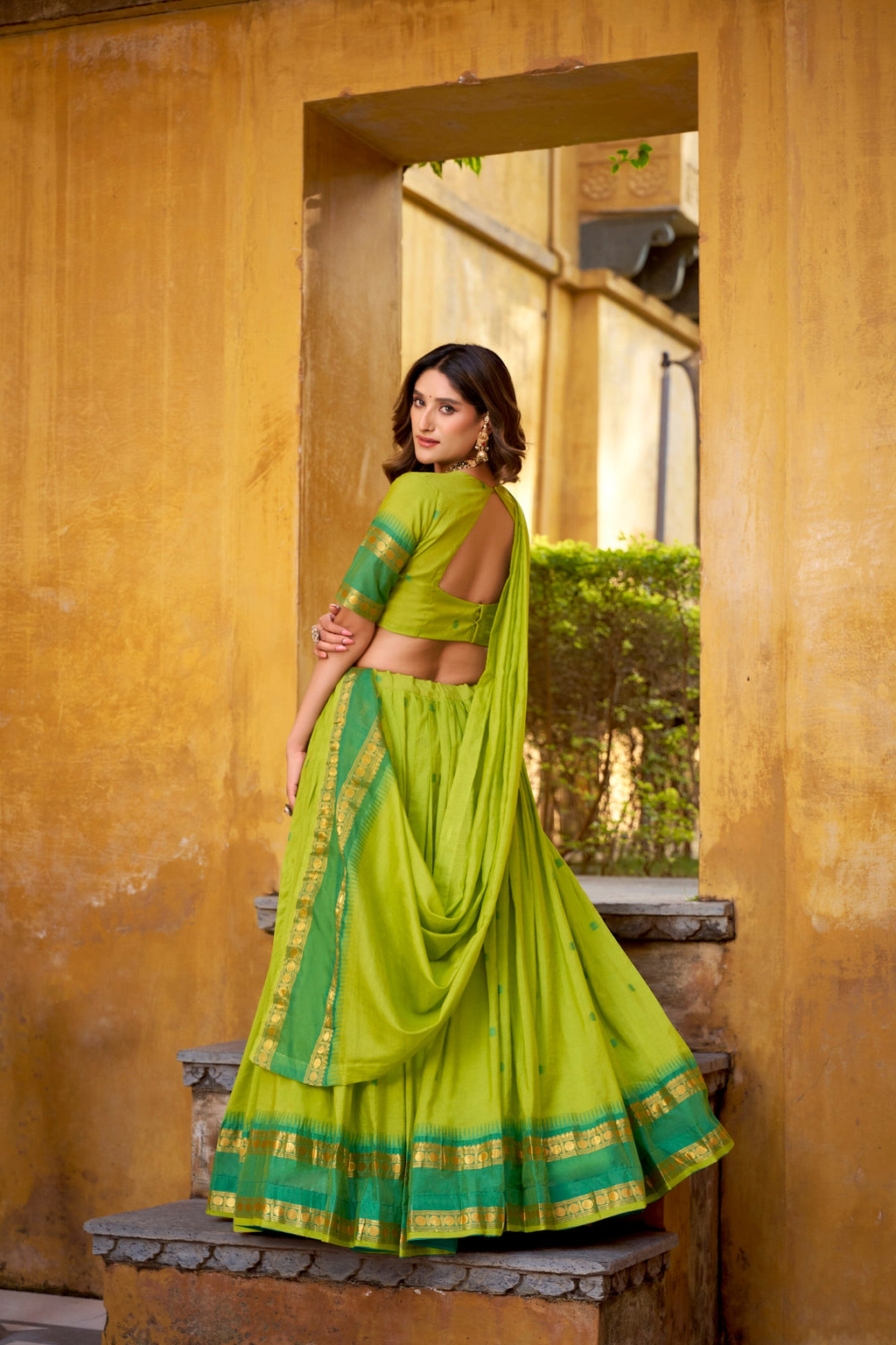 Parrot Green Pure Chanderi Zari Weaving Lehenga Choli with Dupatta