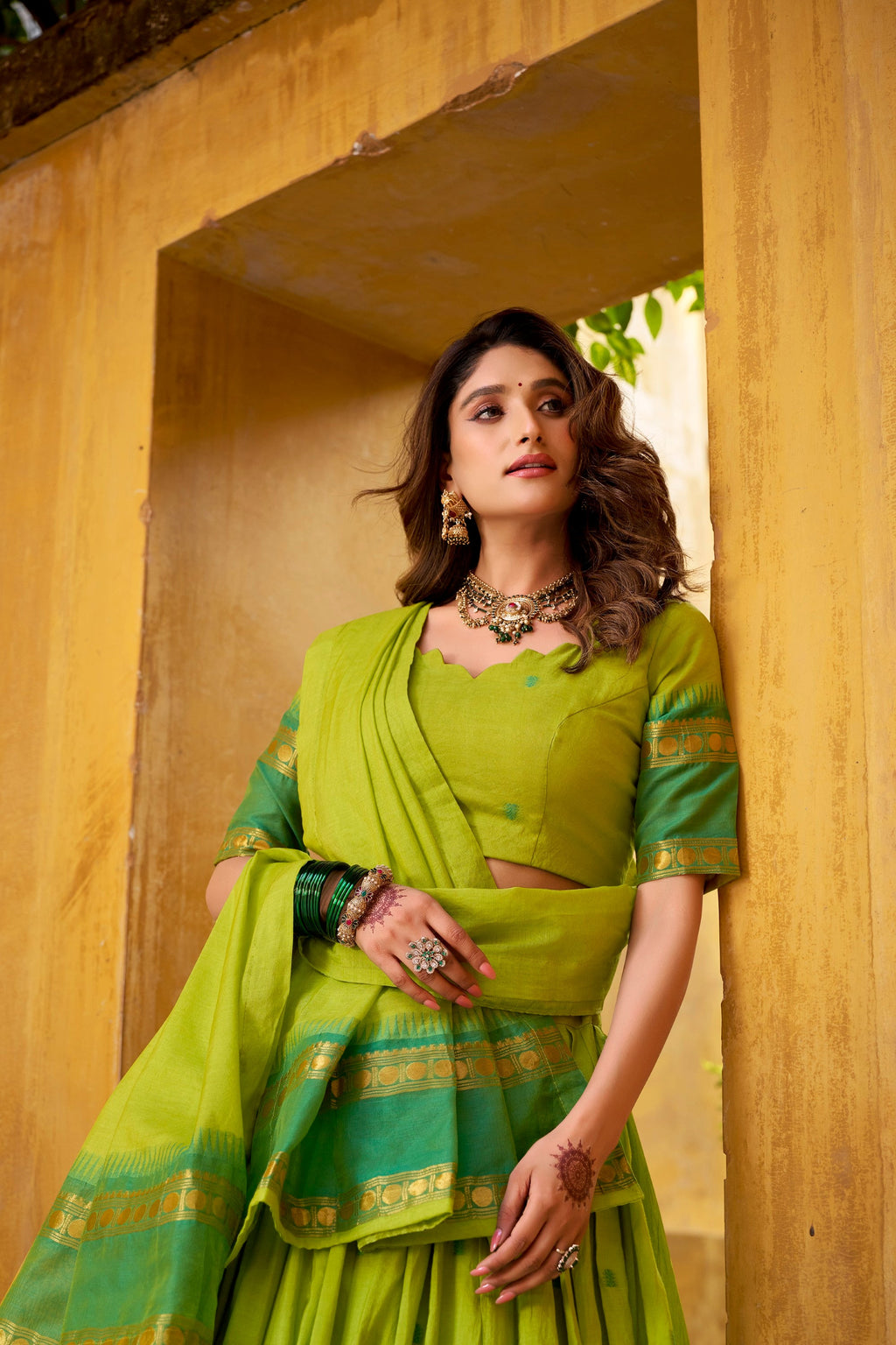 Parrot Green Pure Chanderi Zari Weaving Lehenga Choli with Dupatta