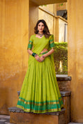 Parrot Green Pure Chanderi Lehenga Choli with Zari Weaving Work and Dupatta