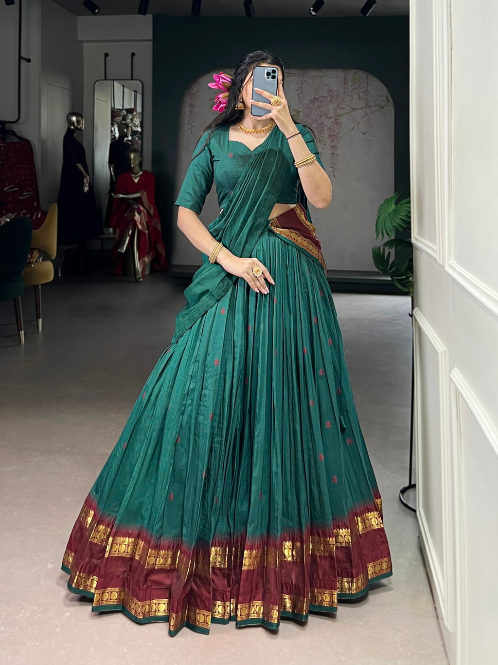 Elegant teal pure chanderi lehenga choli with gold zari weaving work
