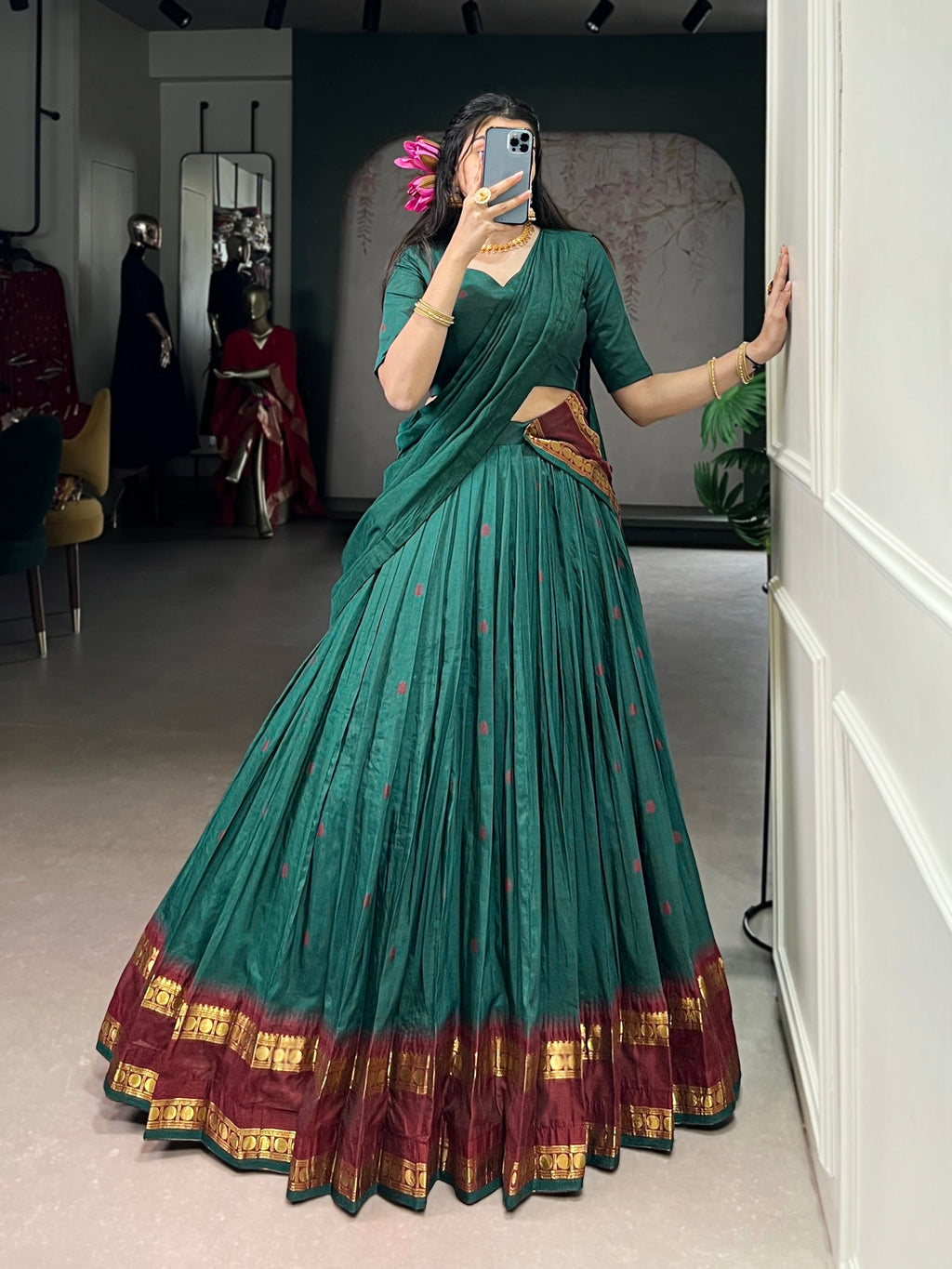 Teal Pure Chanderi Lehenga Choli Set with Zari Weaving Work