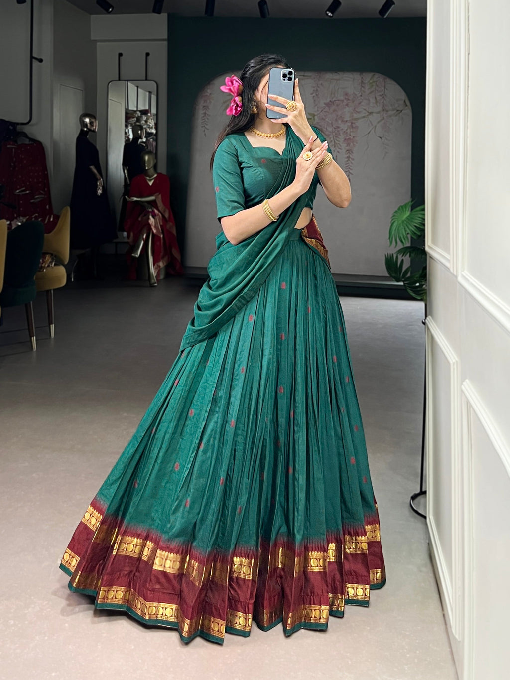 Teal Pure Chanderi Lehenga Choli Set with Zari Weaving Work