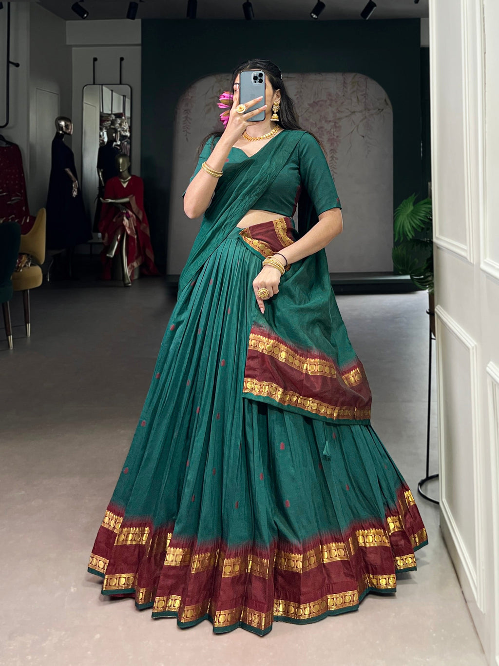Teal Pure Chanderi Lehenga Choli Set with Zari Weaving Work