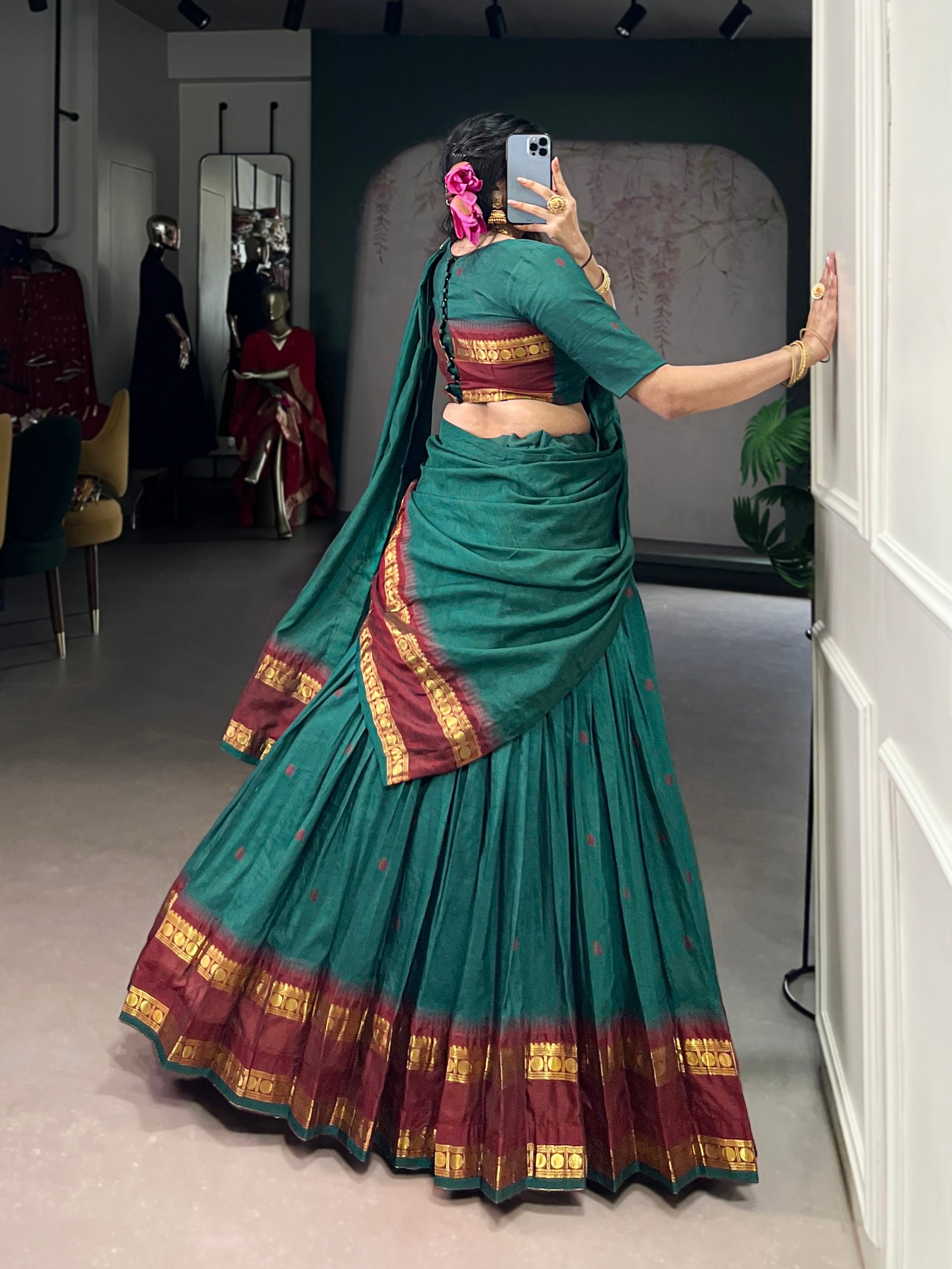 Teal Pure Chanderi Lehenga Choli Set with Zari Weaving Work