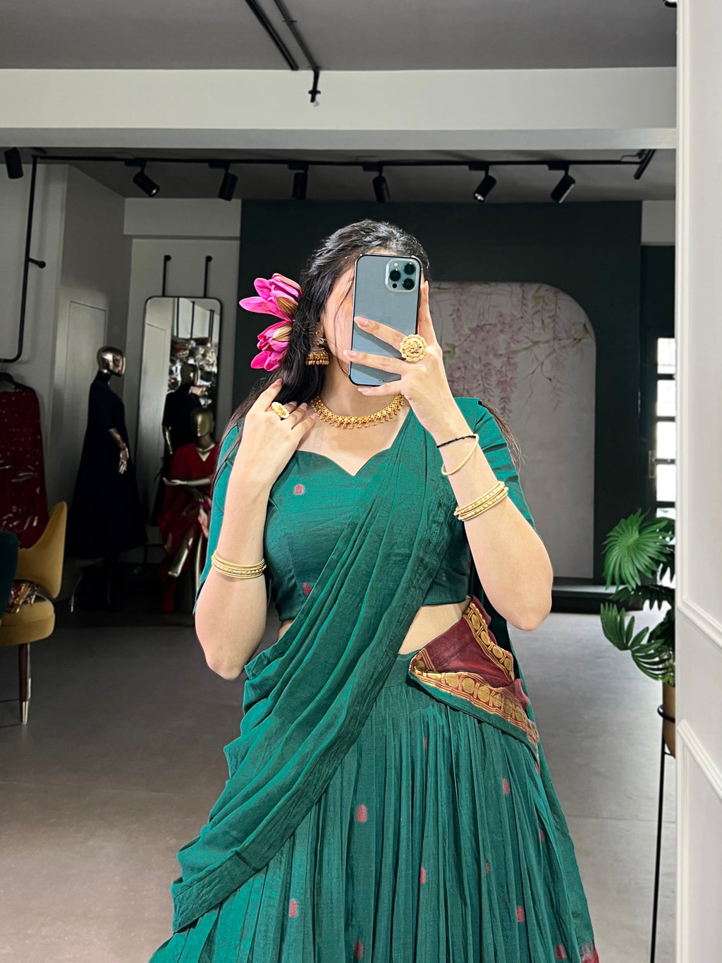 Teal Pure Chanderi Lehenga Choli Set with Zari Weaving Work