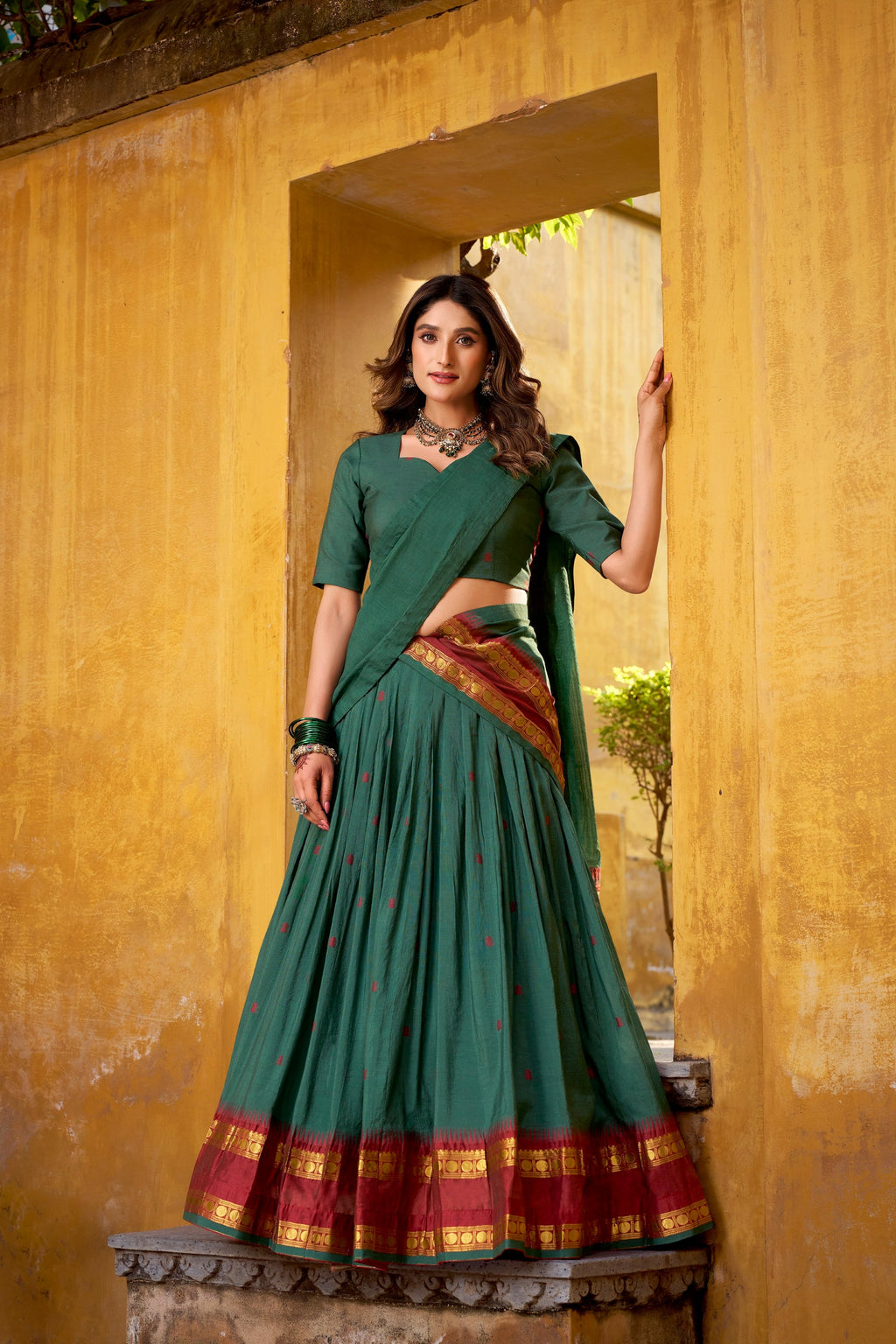Lorenvalley Fashion Teal Pure Chanderi Zari Weaving Work Lehenga Choli with Dupatta