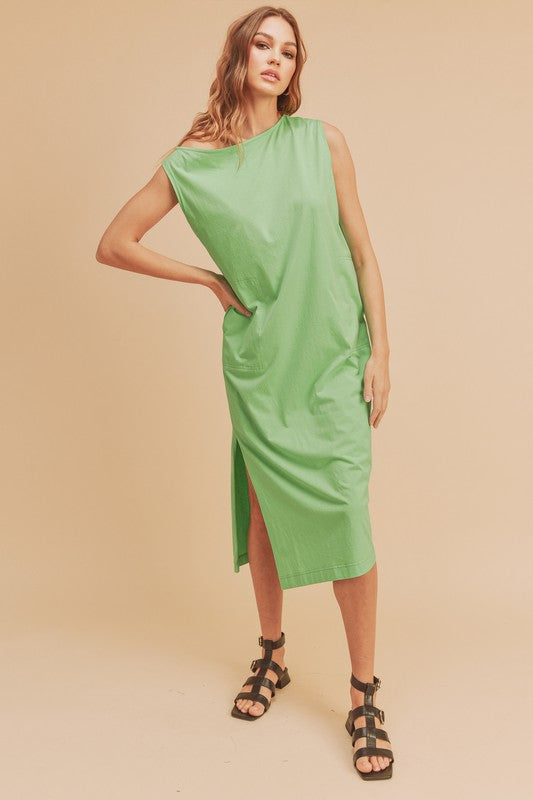 Green cotton sleeveless midi dress with side slit detailing