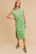Green cotton sleeveless midi dress with side slit detailing
