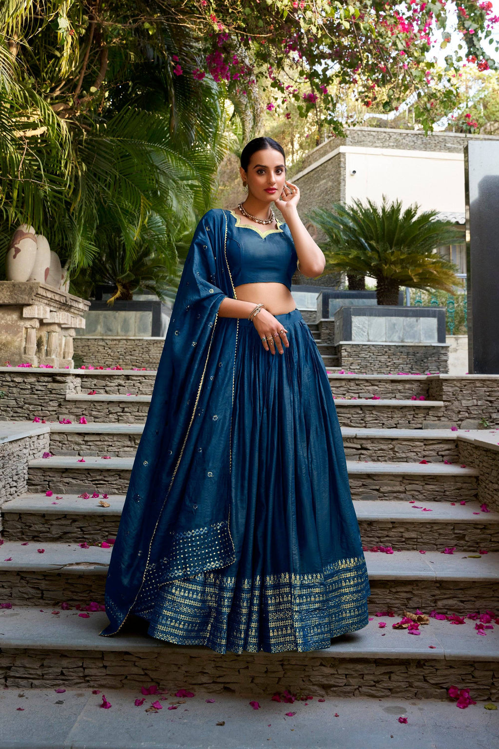 Navy blue pure Chanderi lehenga choli with Zari weaving border