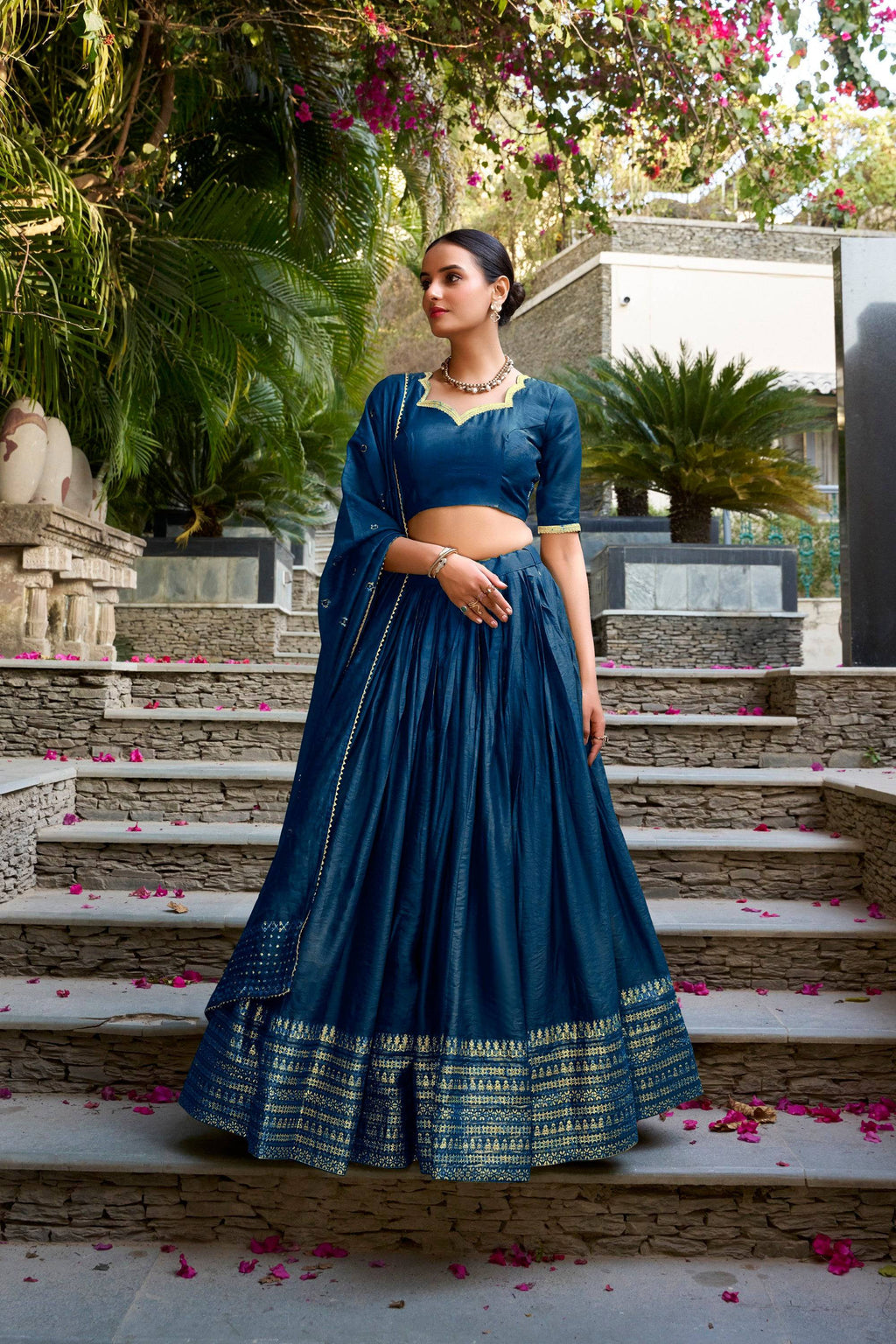 Navy Blue Pure Chanderi Lehenga Choli with Zari Weaving