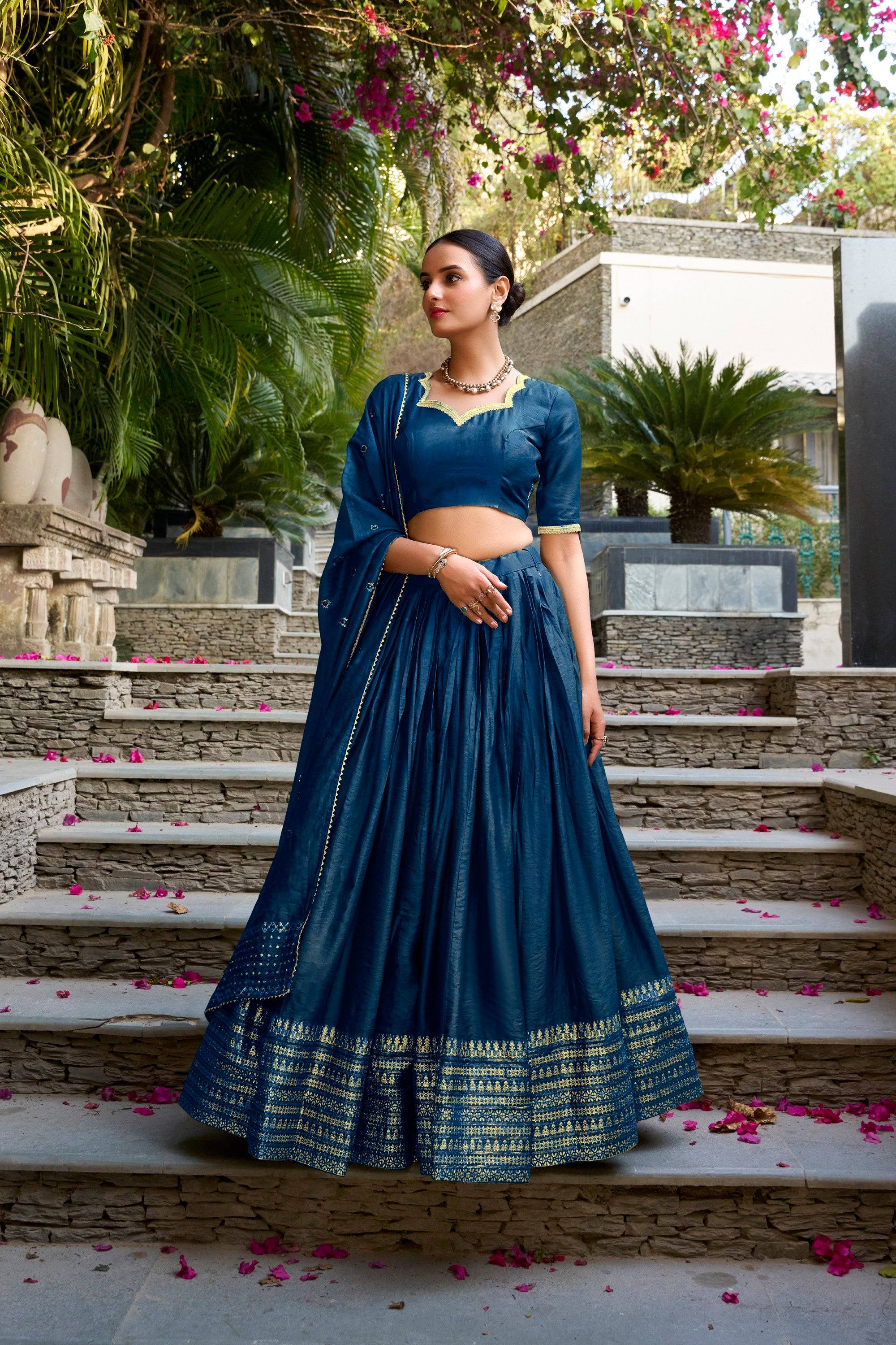 Navy Blue Pure Chanderi Lehenga Choli with Zari Weaving