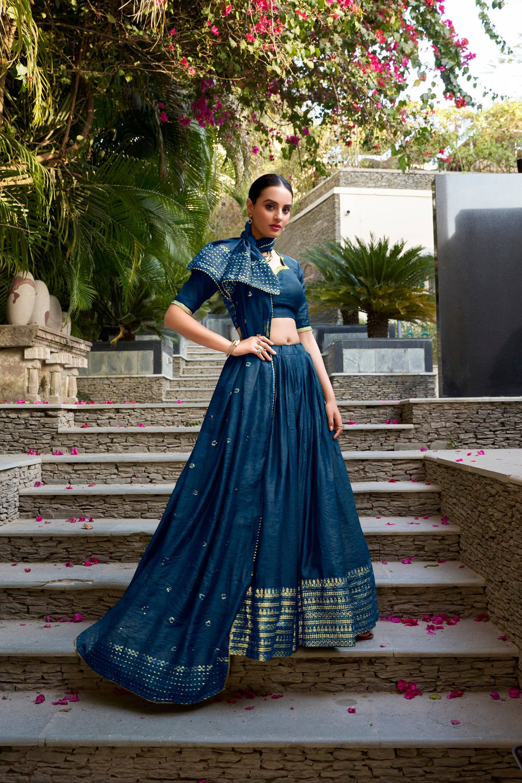 Navy Blue Pure Chanderi Lehenga Choli with Zari Weaving