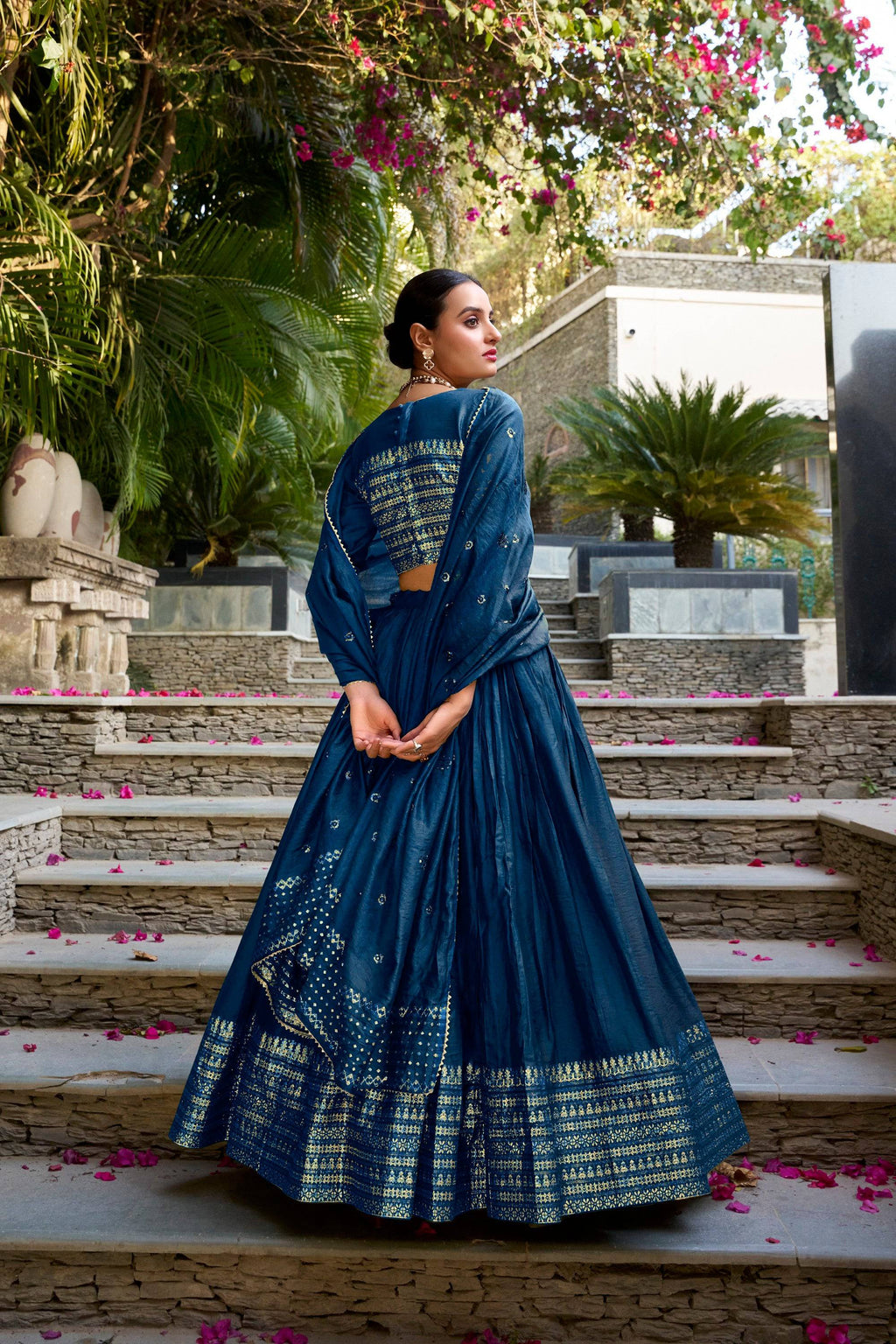 Navy Blue Pure Chanderi Lehenga Choli with Zari Weaving