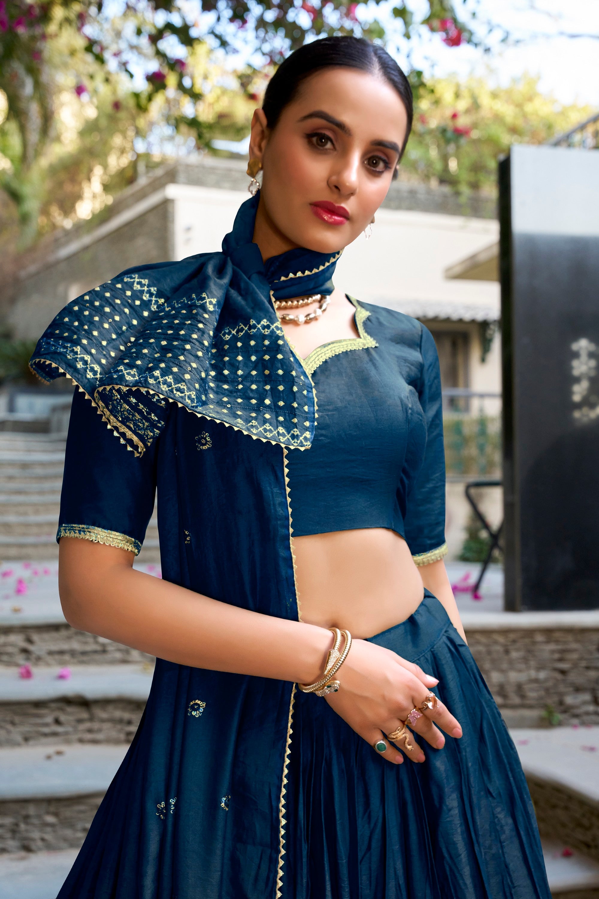 Navy Blue Pure Chanderi Lehenga Choli with Zari Weaving