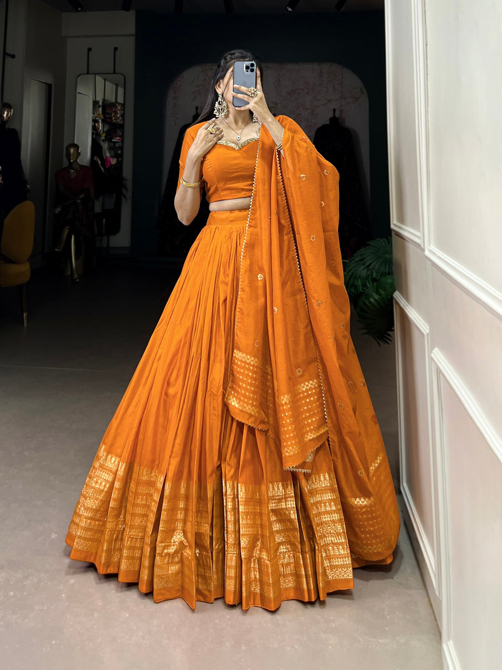 Orange Pure Chanderi lehenga choli with intricate zari border and matching dupatta