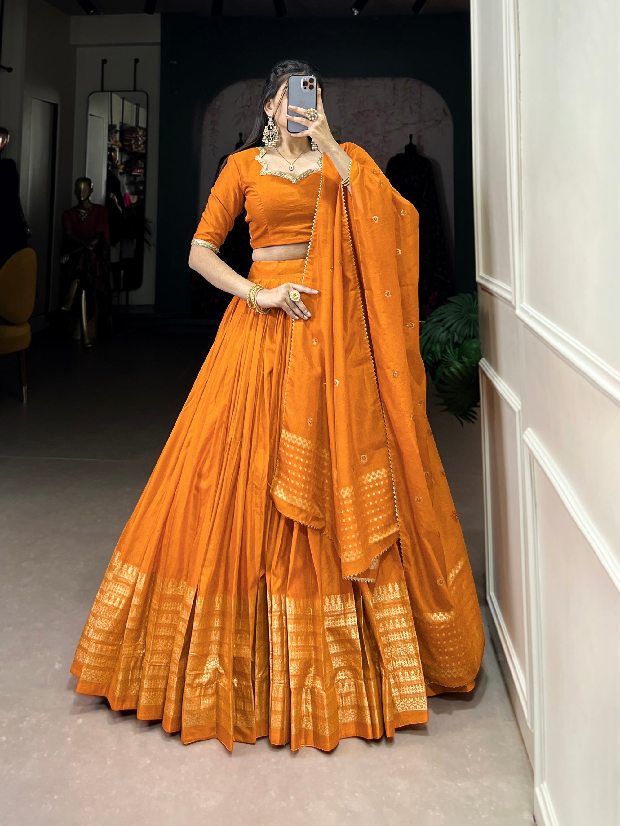 Orange Pure Chanderi Lehenga Choli with Zari Border and Dupatta