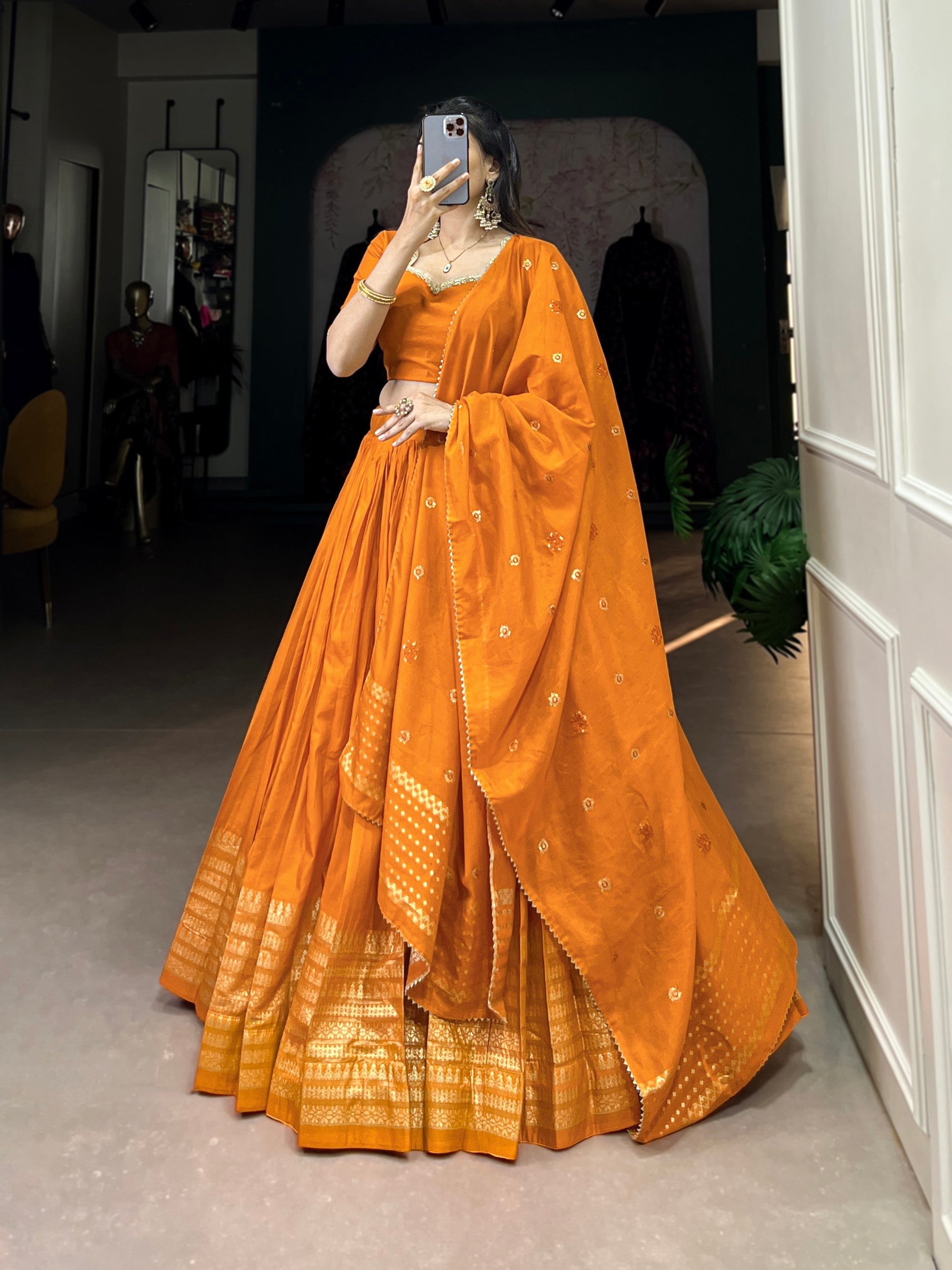Orange Pure Chanderi Lehenga Choli with Zari Border and Dupatta