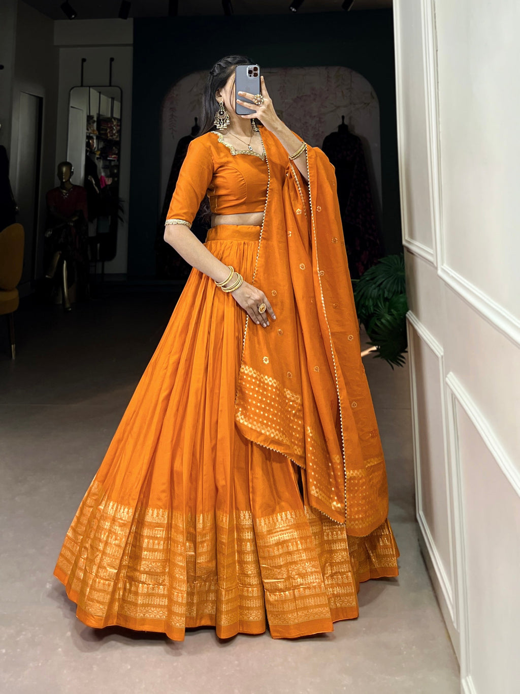 Orange Pure Chanderi Lehenga Choli with Zari Border and Dupatta