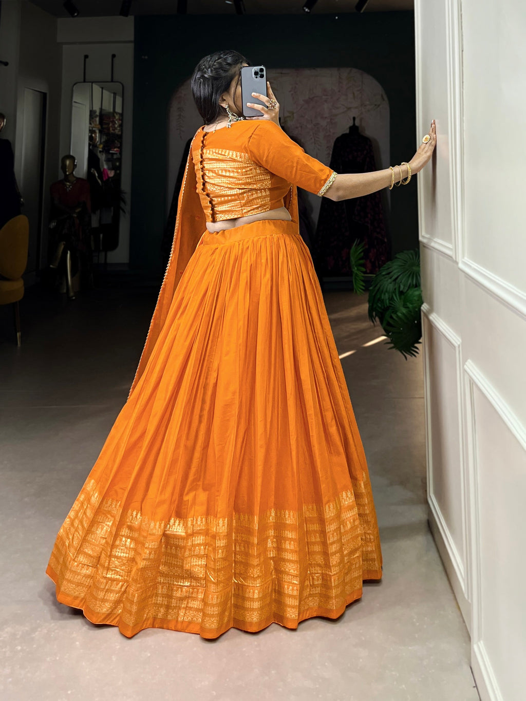 Orange Pure Chanderi Lehenga Choli with Zari Border and Dupatta