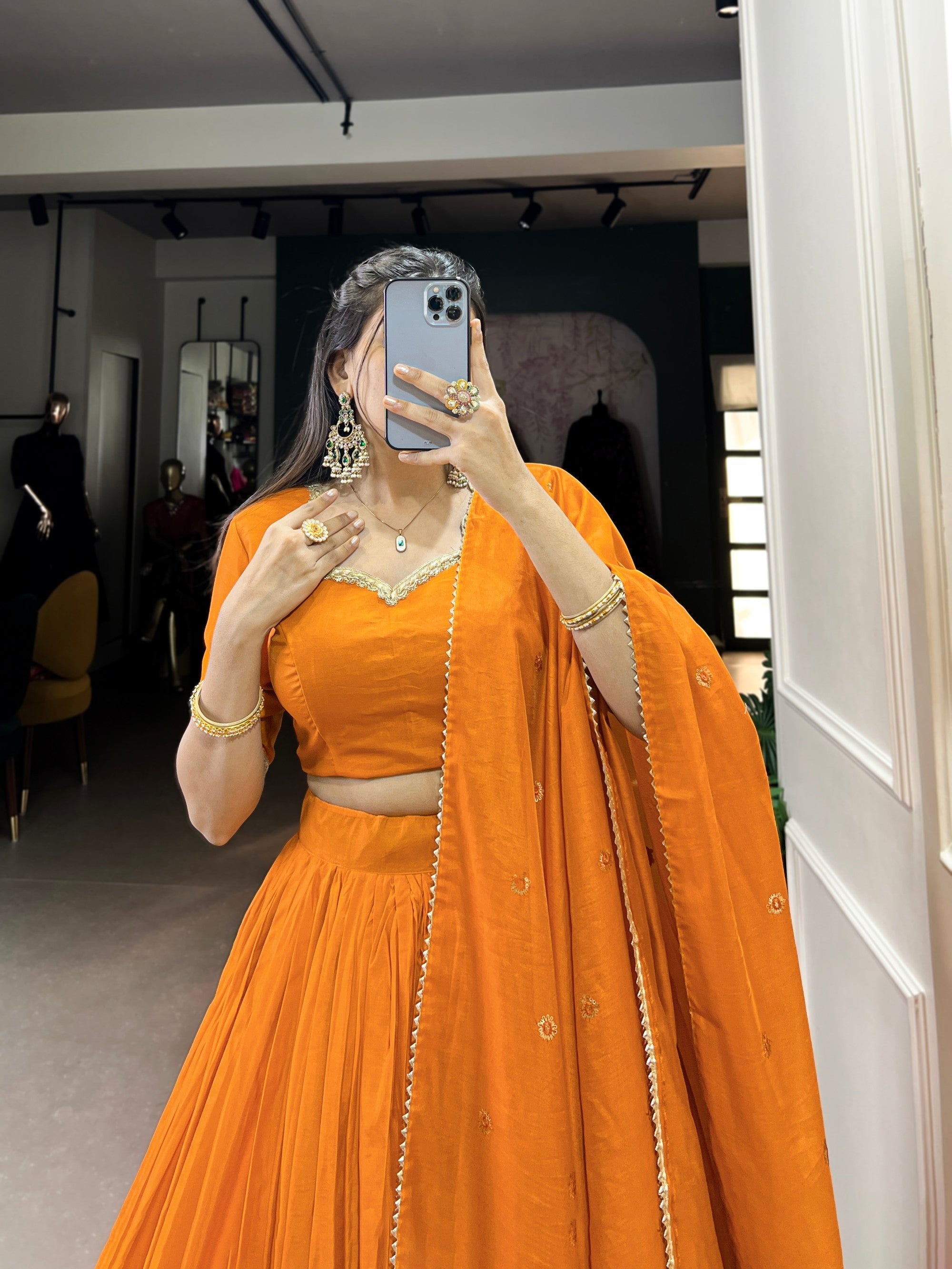 Orange Pure Chanderi Lehenga Choli with Zari Border and Dupatta