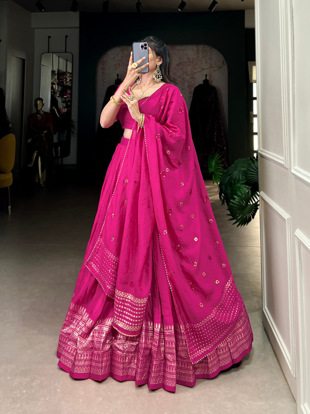 Lorenvalley Fashion Pink Pure Chanderi Plain With Zari Weaving Work Border Lehenga Choli with Dupatta