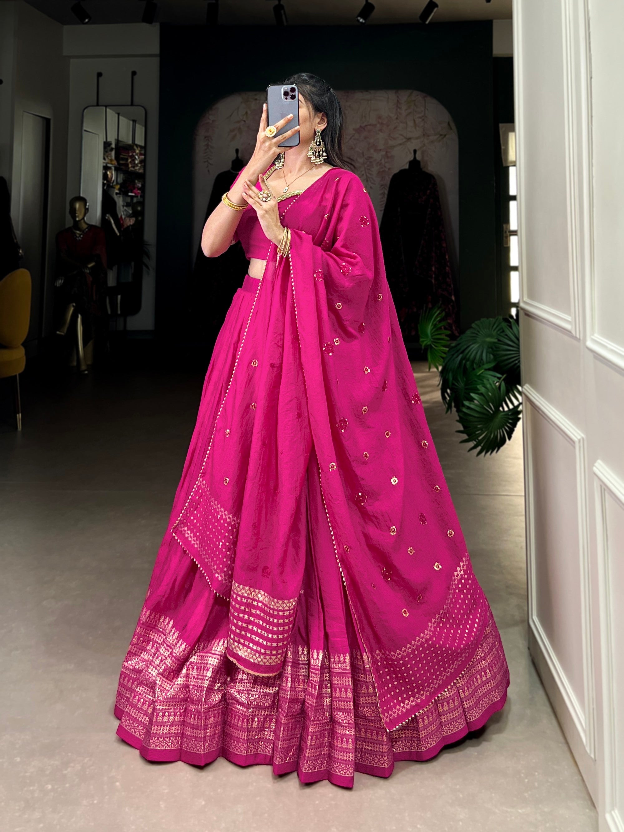 Lorenvalley Fashion Pink Pure Chanderi Plain With Zari Weaving Work Border Lehenga Choli with Dupatta