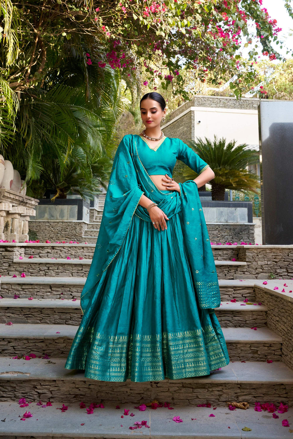 Sky blue pure Chanderi lehenga choli with Zari weaving border and dupatta