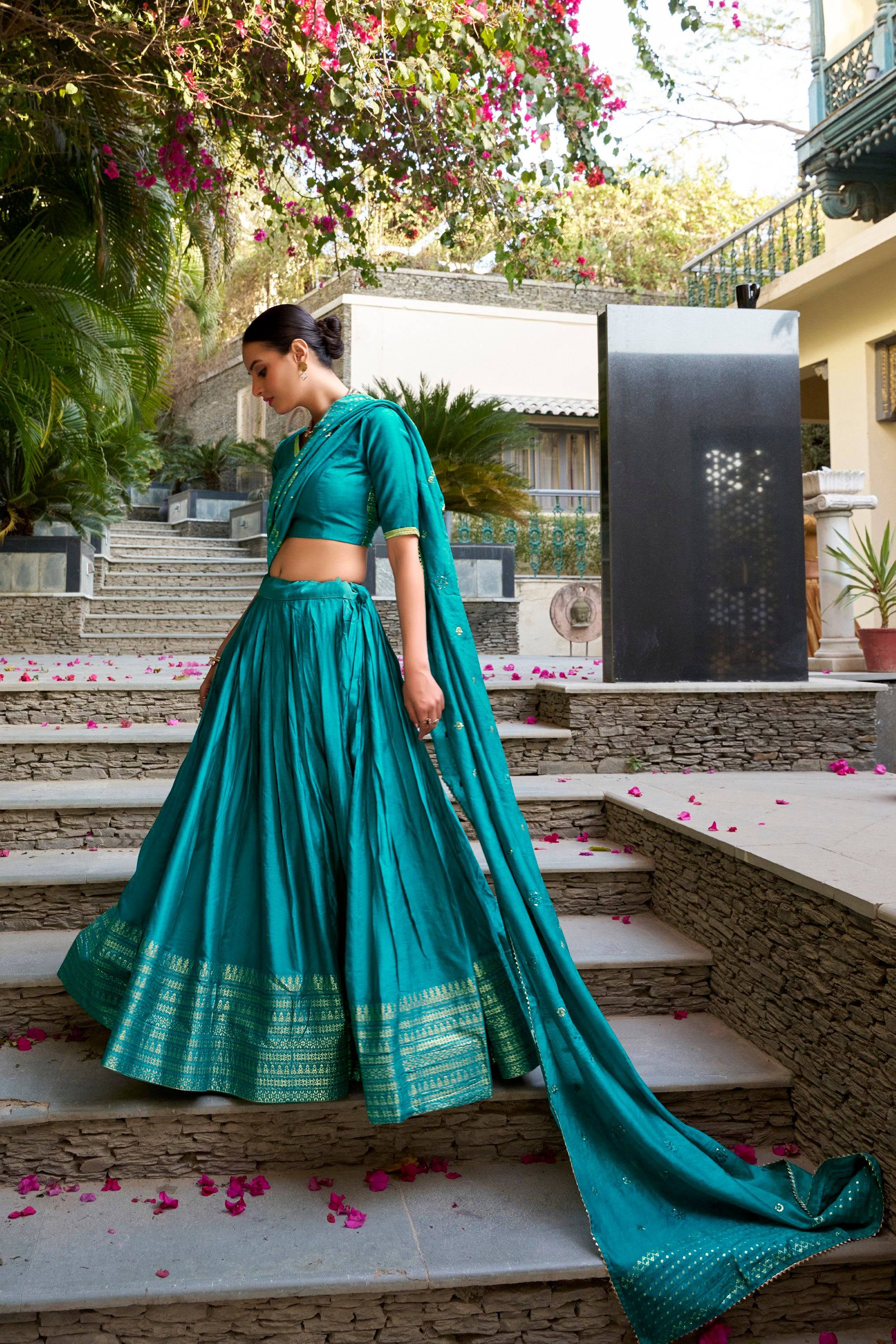 Sky Blue Pure Chanderi Lehenga Choli with Zari Weaving Border