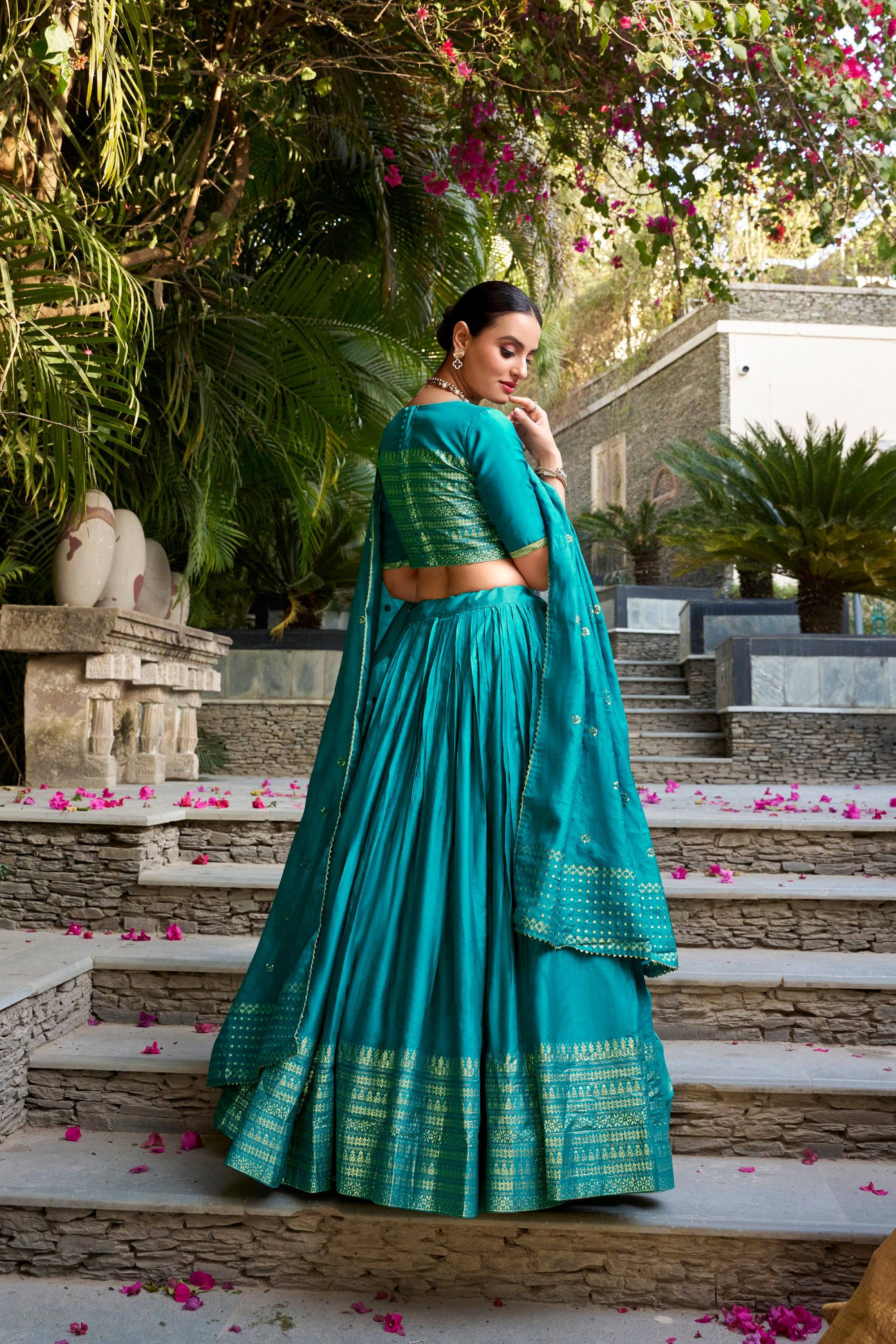 Sky Blue Pure Chanderi Lehenga Choli with Zari Weaving Border