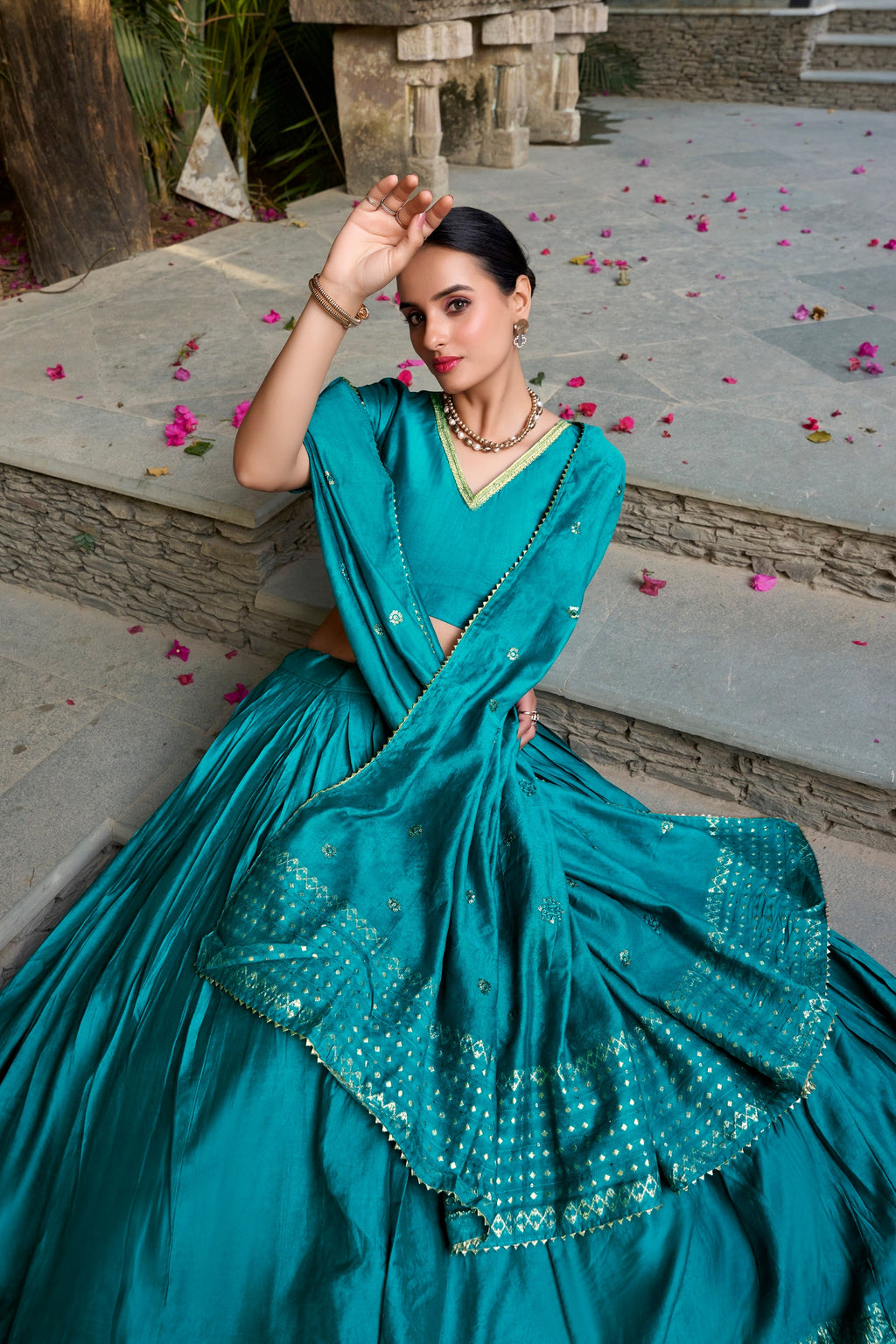 Sky Blue Pure Chanderi Lehenga Choli with Zari Weaving Border