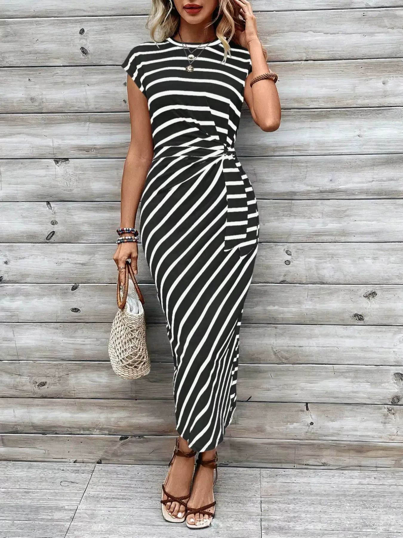 Striped Round Neck Short Sleeve Dress with Adjustable Waist Strap