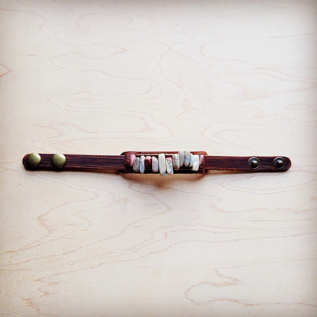 Genuine Leather Narrow Cuff with Aqua Terra Stones 005f