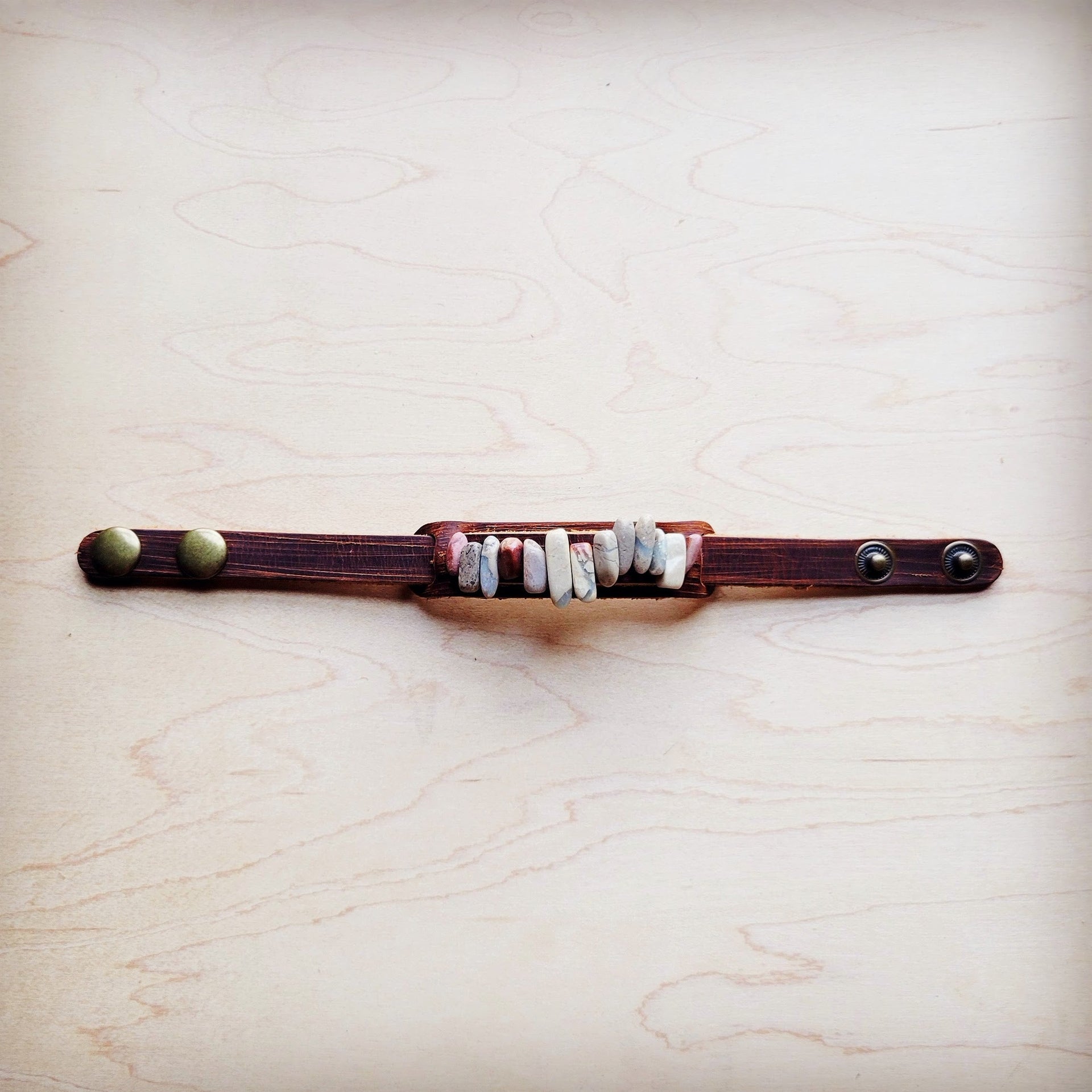 Genuine Leather Narrow Cuff with Aqua Terra Stones 005f