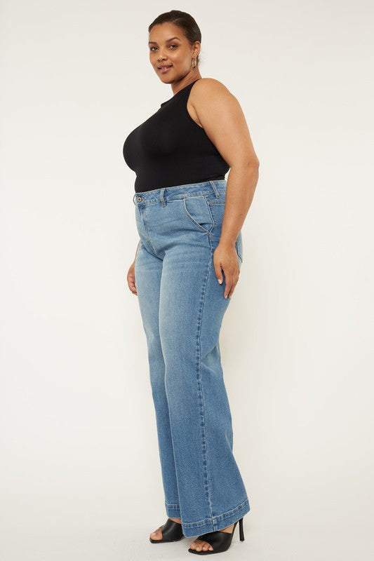 High Rise Wide Leg Jeans in Medium Blue Stretch Denim