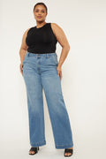 High Rise Wide Leg Jeans in Medium Blue Stretch Denim