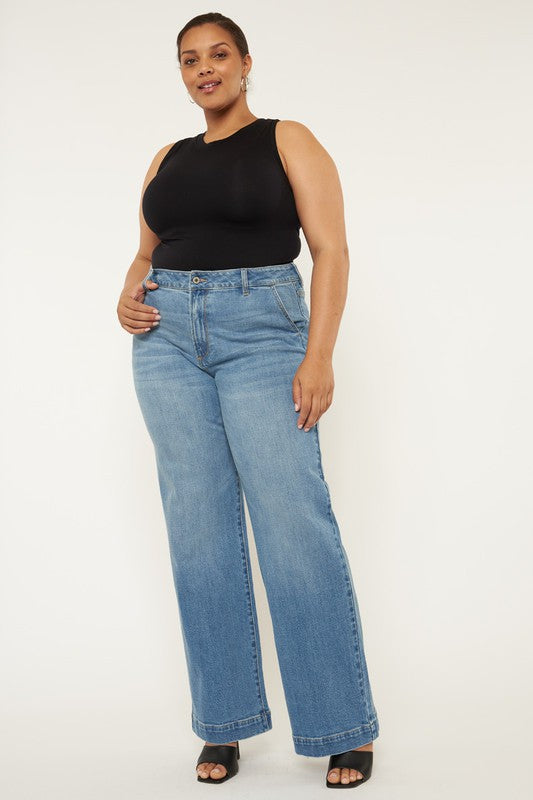 High Rise Wide Leg Jeans in Medium Blue Stretch Denim