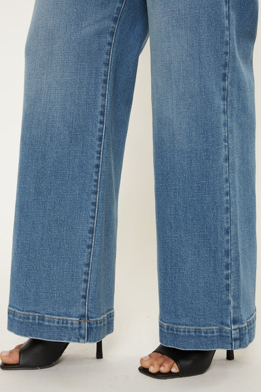 High Rise Wide Leg Jeans in Medium Blue Stretch Denim