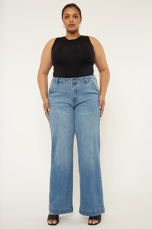 High Rise Wide Leg Jeans in Medium Blue Stretch Denim