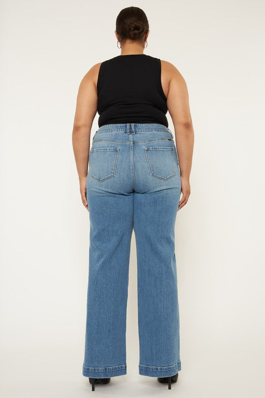 High Rise Wide Leg Jeans in Medium Blue Stretch Denim