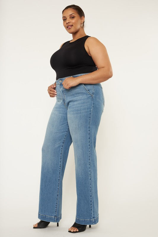 High Rise Wide Leg Jeans in Medium Blue Stretch Denim
