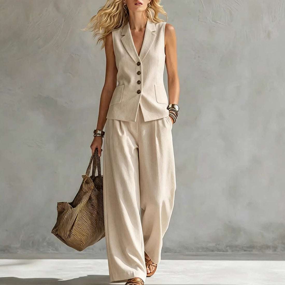 Women's Button-Down Vest and Wide-Leg Pants Two-Piece Set - Image 5