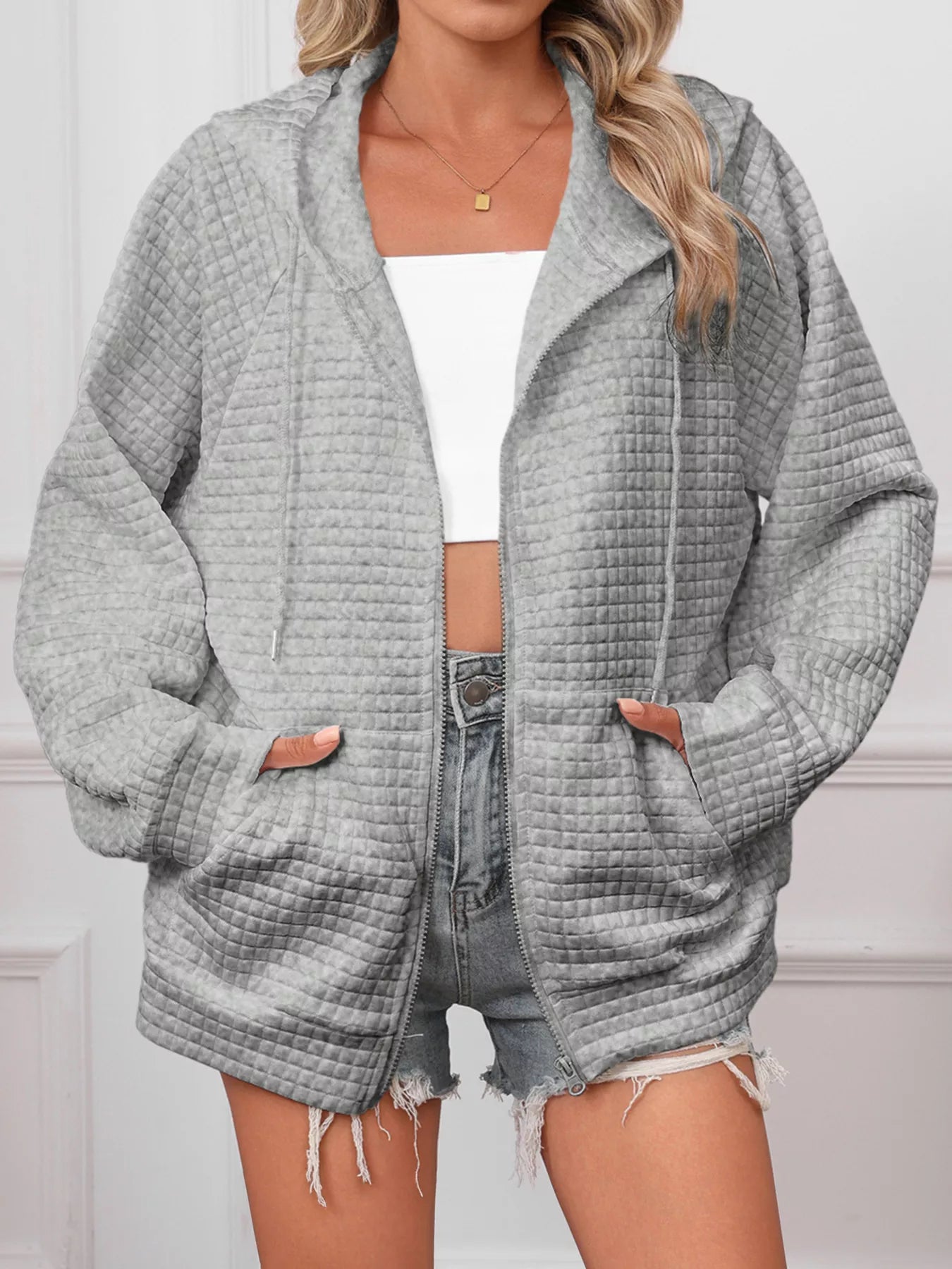 Full Size Textured Quilted Zip-Up Hooded Jacket Plus Size