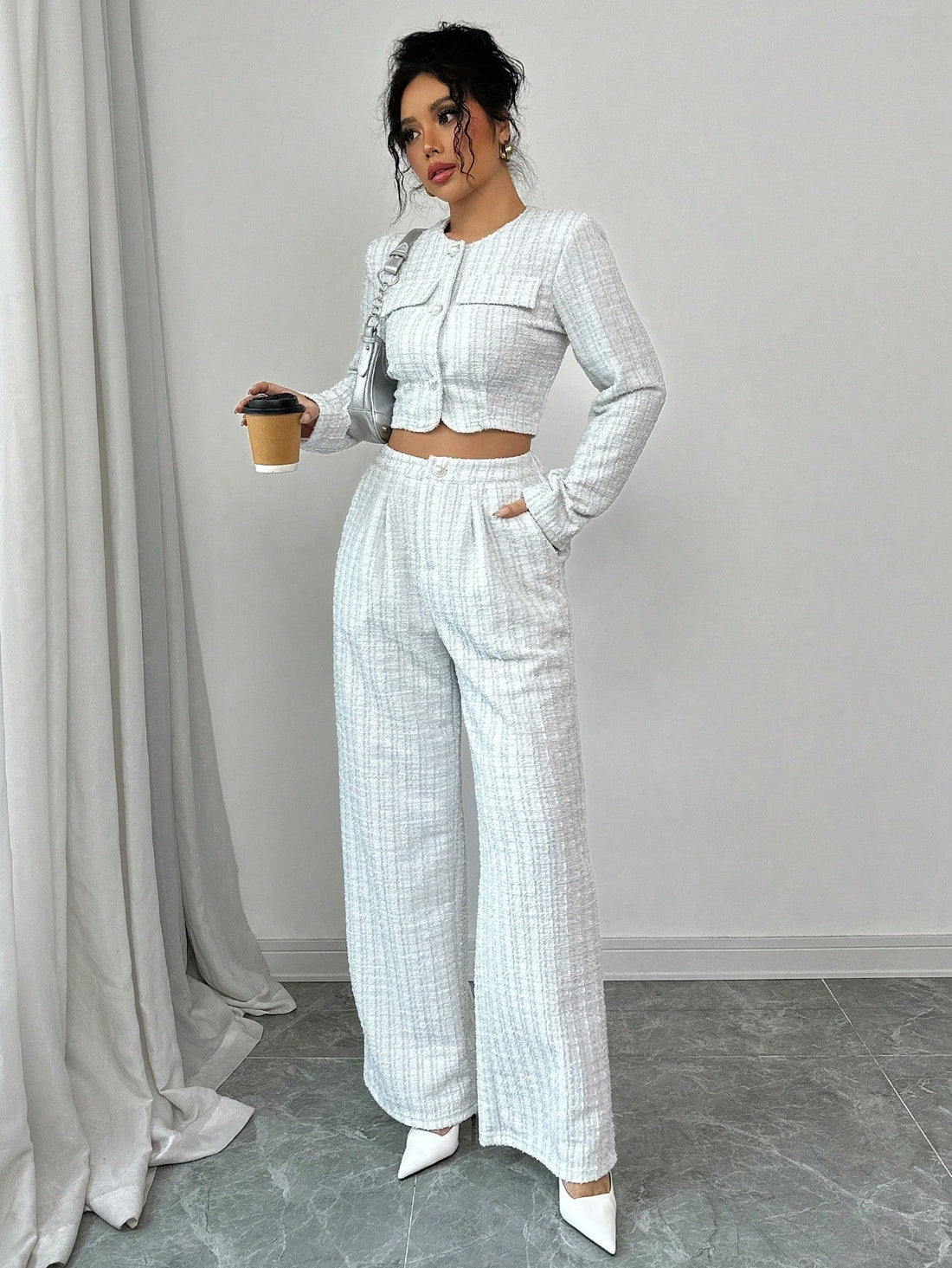 Women's Tweed Pearl-Button Jacket and Pants Matching Set - Image 2