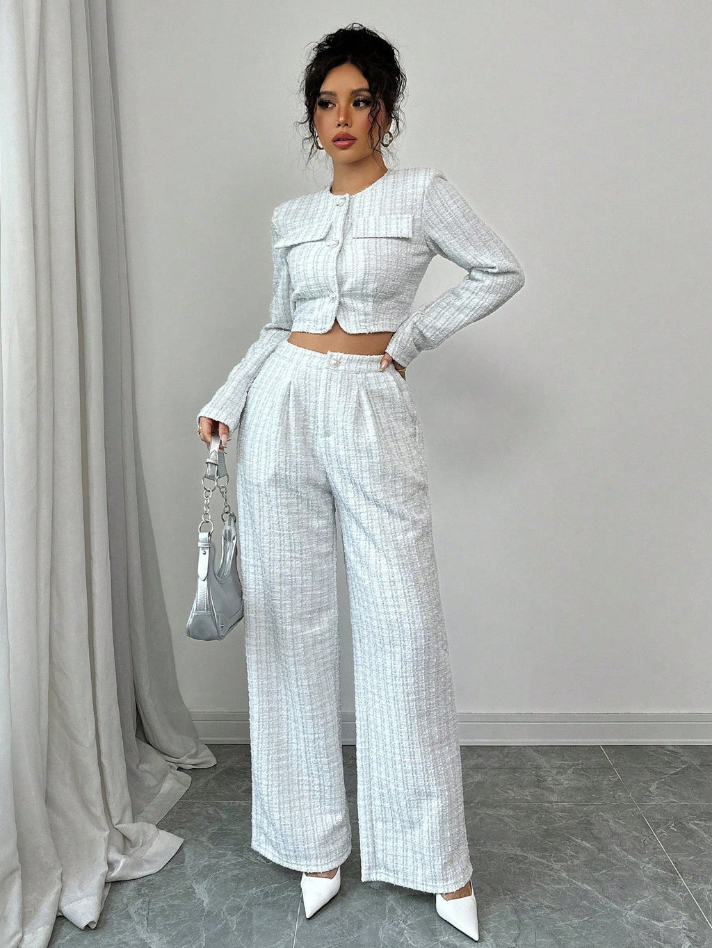 Women's Tweed Pearl-Button Jacket and Pants Matching Set - Image 3