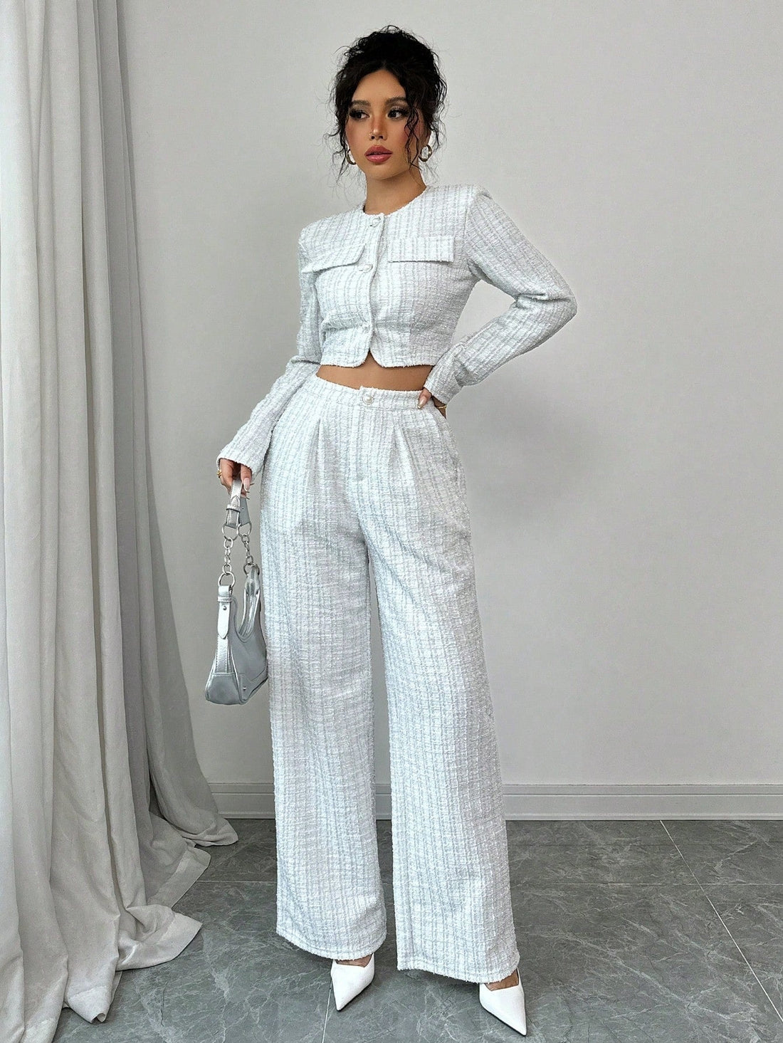 Women's Tweed Pearl-Button Jacket and Pants Matching Set - Image 3