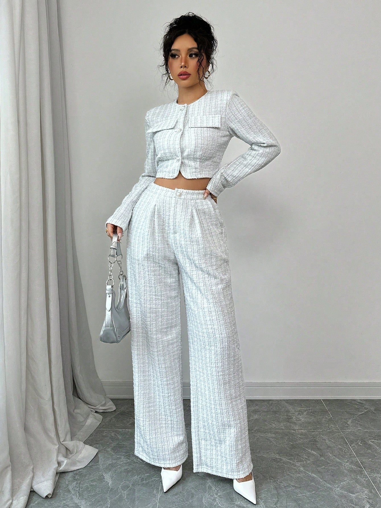 Women's Tweed Pearl-Button Jacket and Pants Matching Set - Image 3