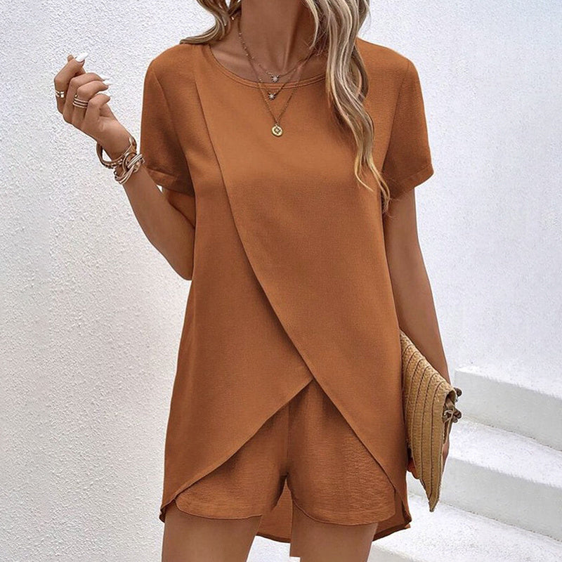 Women's Short Sleeve Wrap Top and Elastic Waist Shorts Lounge Set - Image 10