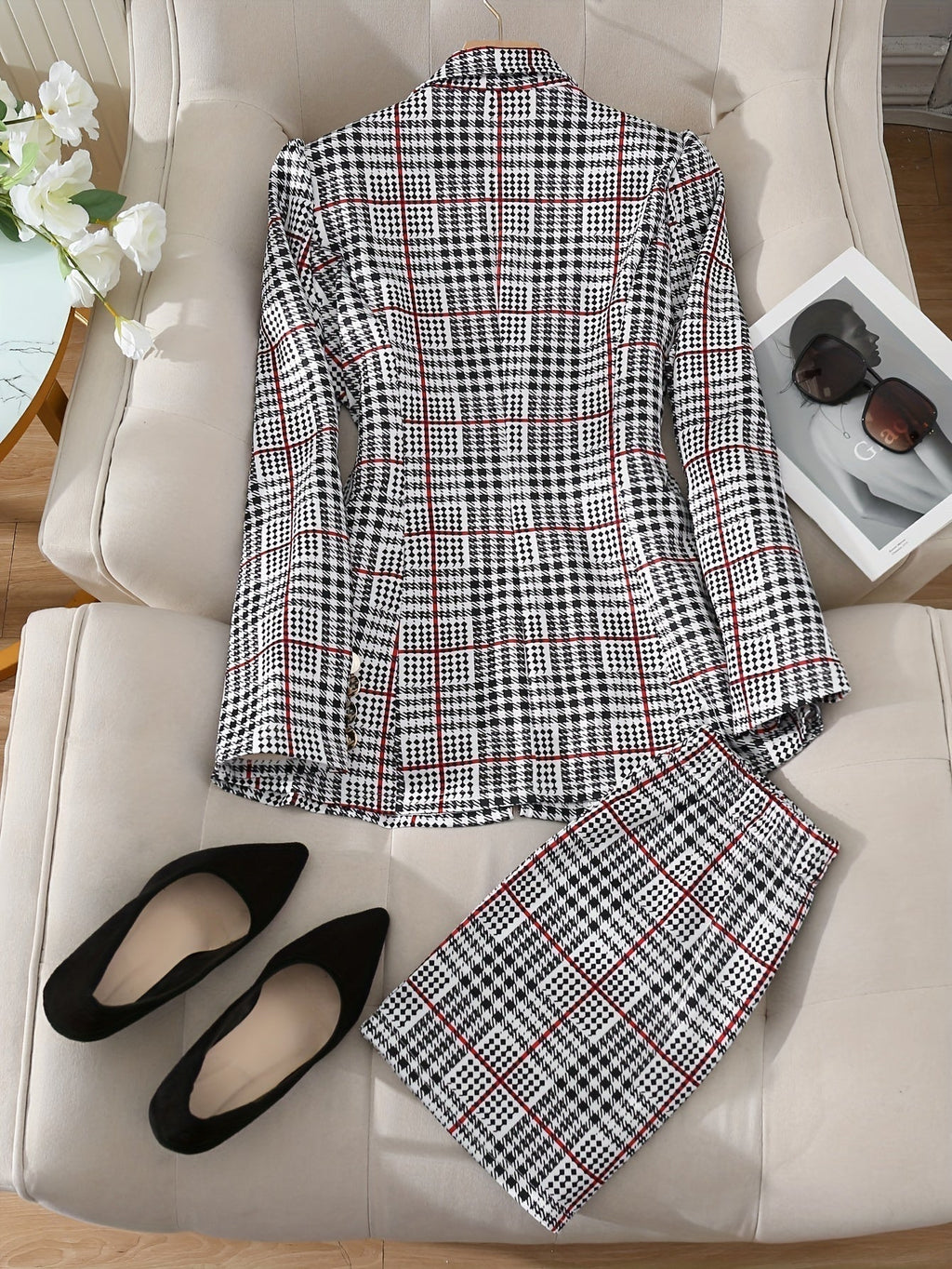 Women's Plus Size Plaid Skirt Suit Set - Elegant Two-Piece Blazer & Skirt